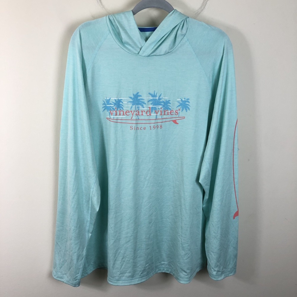Vineyard Vines Performance Surf Logo Long Sleeve Harbor Hoodie Tee Sz XL Teal